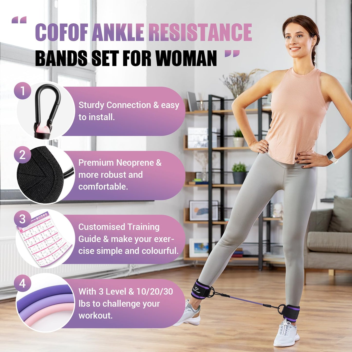 Ankle Resistance Bands with Cuffs, Ankle Bands for Working Out, Ankle Band Cuff for Kickbacks Hip, Leg Glute Exercise Equipment with Training Poster, Resistance Band with Ankle Cuffs for Women(Purple)