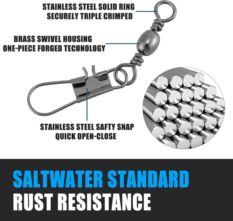 Fishing Snap Swivels - 50 Pack Stainless Steel Barrel Swivels for Fresh & Saltwater | 26-132Lb Strength