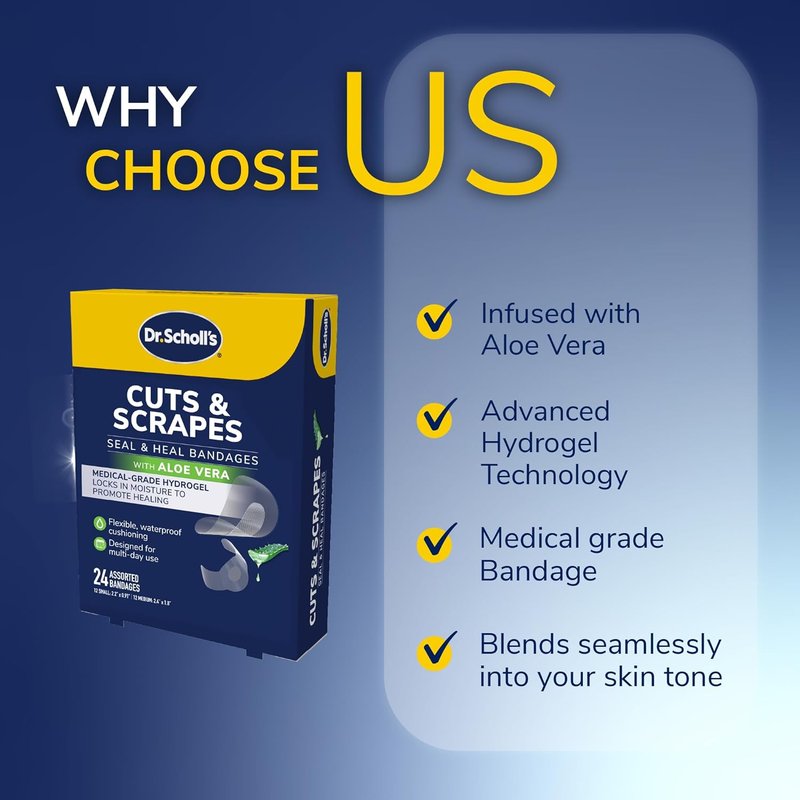 Dr. Scholl’s Waterproof Adhesive Bandages - Flexible Hydrogel Wound Care | 24 Count, Small & Medium Sizes
