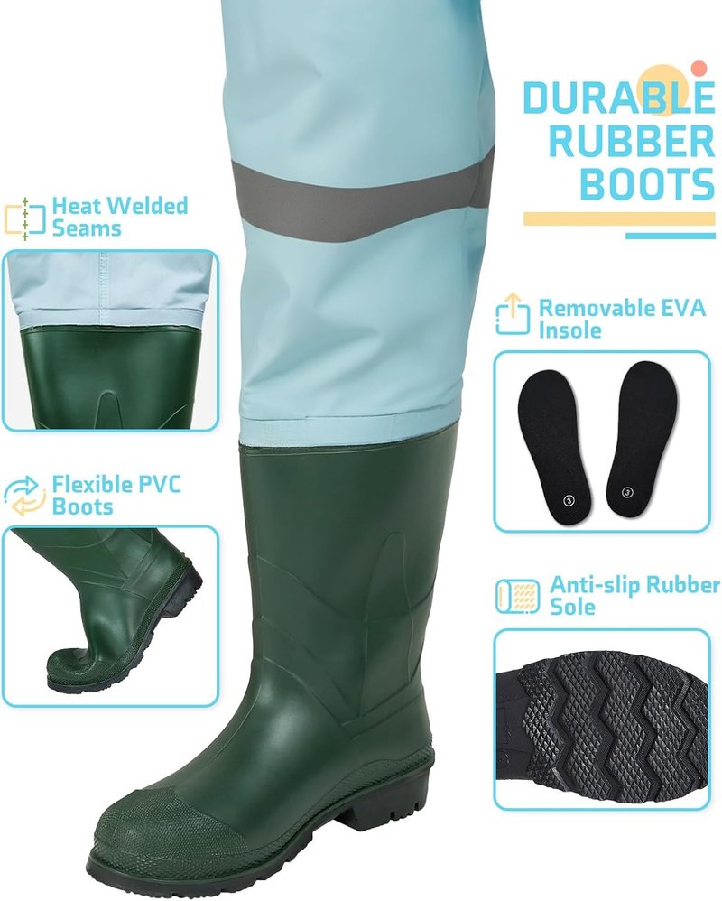Kids Chest Waders - Youth Waterproof Fishing Waders with Boots | PVC Material, Reflective Safety Band