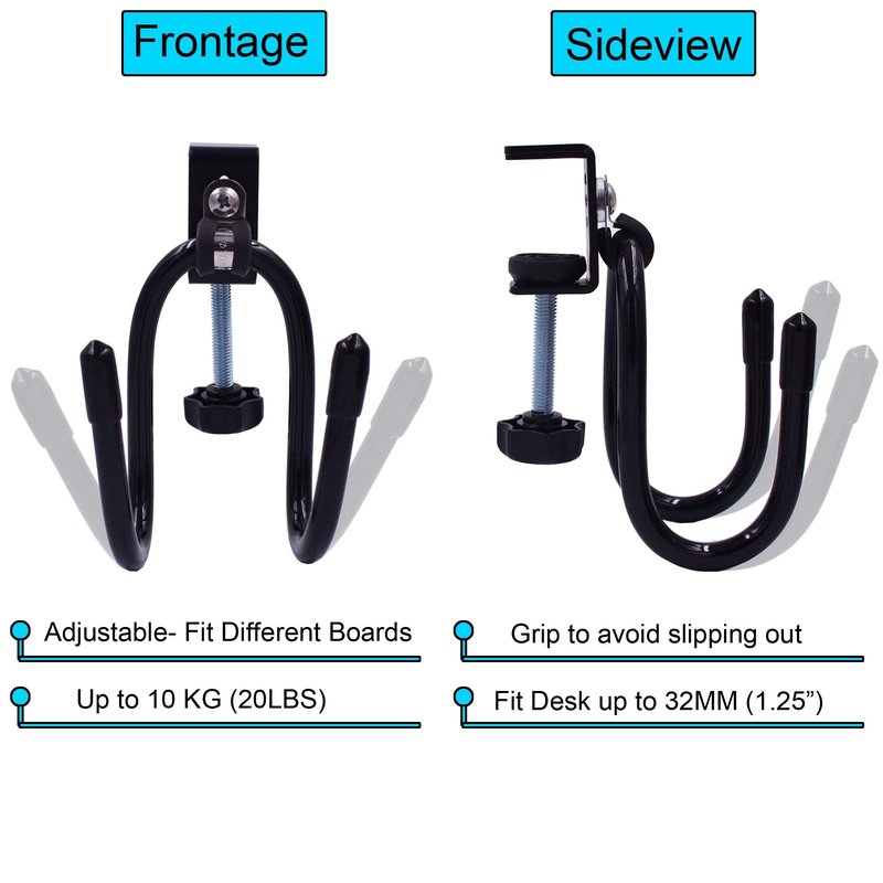 YYST Desk Store Clamp-On Skateboard Holder/Skateboard Hook/Mini Cruiser Hanger | Provides a Convenient Place to Hang Skateboard or Longboard to Reduce Clutter (20 lb. Capacity)- No Board (2)