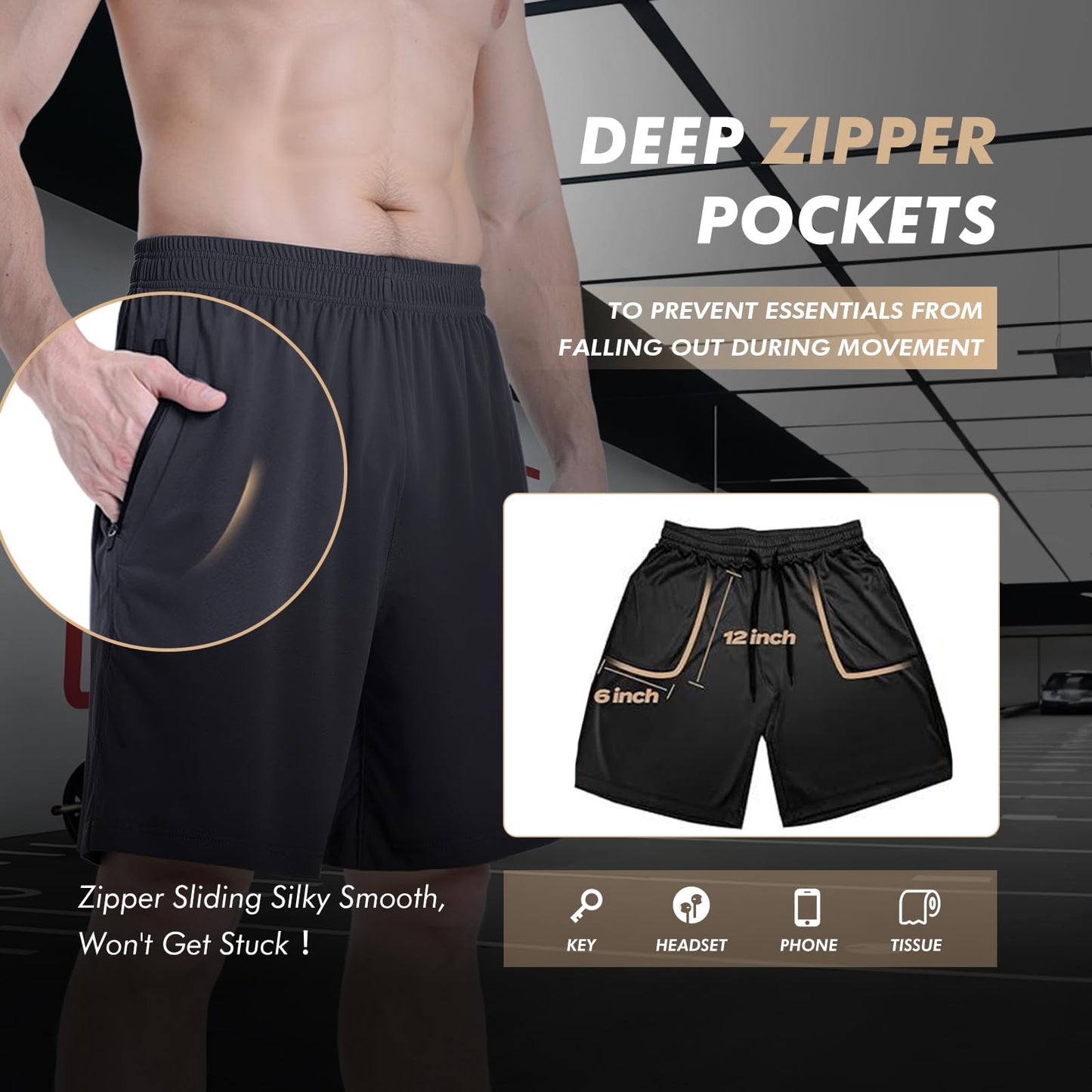 BOOJO 5 Pack Athletic Basketball Mens Shorts with Zipper Pockets - Lightweight Quick Dry Gym Workout Running Shorts for Men