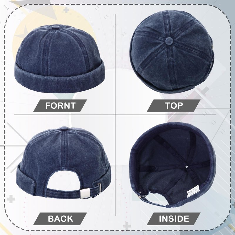 SATINIOR 2 Pieces Brimless Hats for Men Adjustable Docker Cap Casual No Brim Hat Rolled Cuff Sailor Skullcap(Black, Blue)