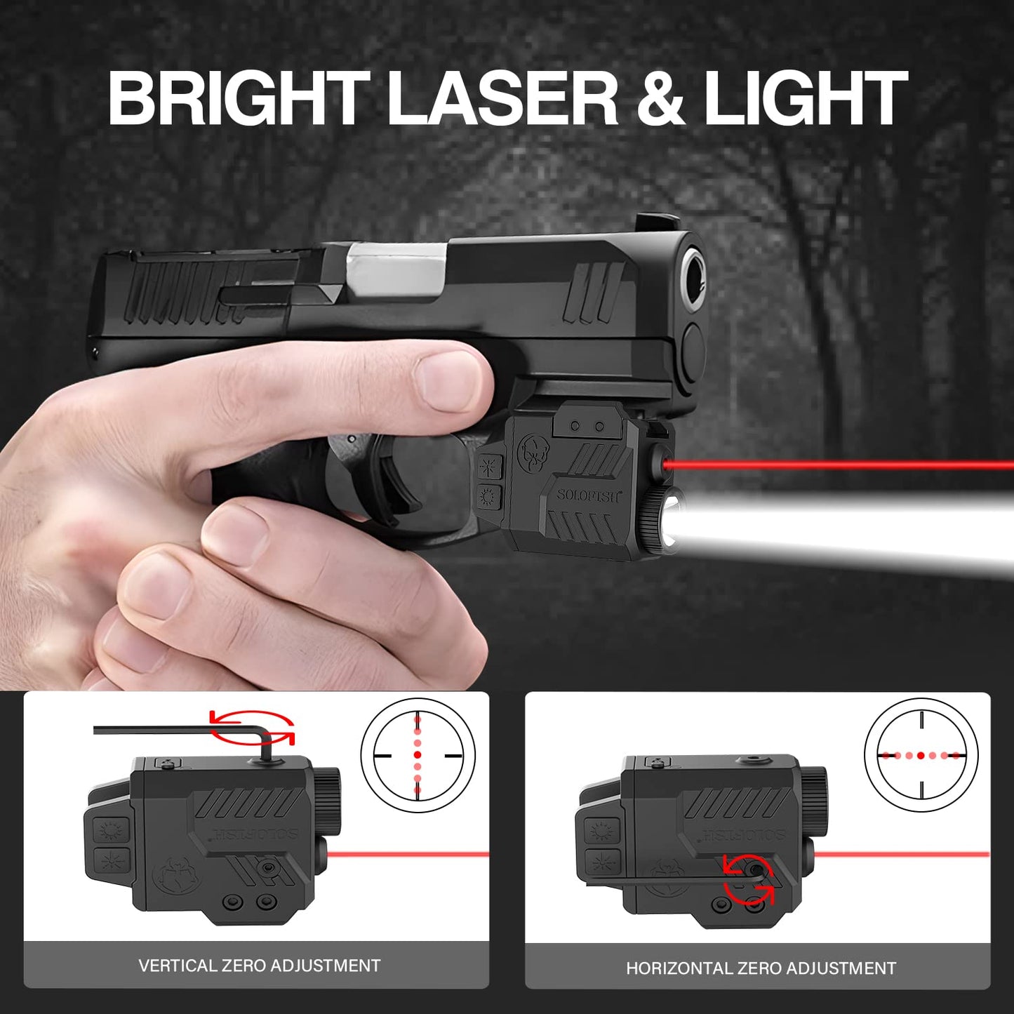 Solofish 700 Lumens Adjustable Pistol Light Laser Combo, Strobe Function Red Laser and Tactical Light Fits for Full Size & Compact Guns with Rail