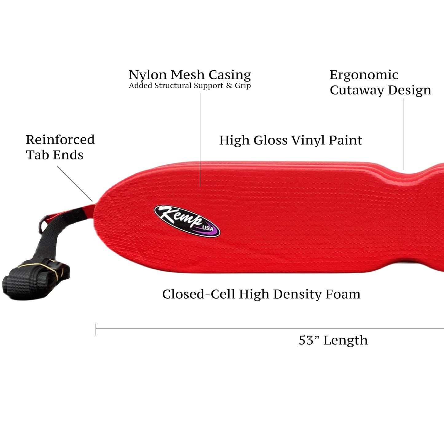 Kemp USA 53" Grip It Rescue Tube with Mesh Ergonomic Cutaway Design, Durable Nylon Casing, Adjustable Strap and Tow Line, High Visibility Red Lifeguard Float for Pool Beach Lake Waterpark Safety