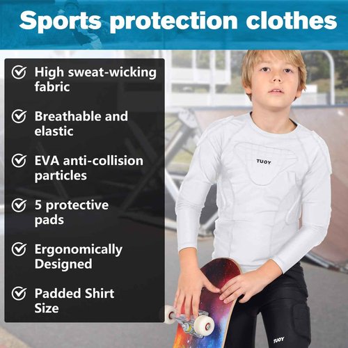 TUOY Youth Padded Chest Football Rib Protector Shirt for Baseball Martial Art Padded Compression Shirt Long Sleeve