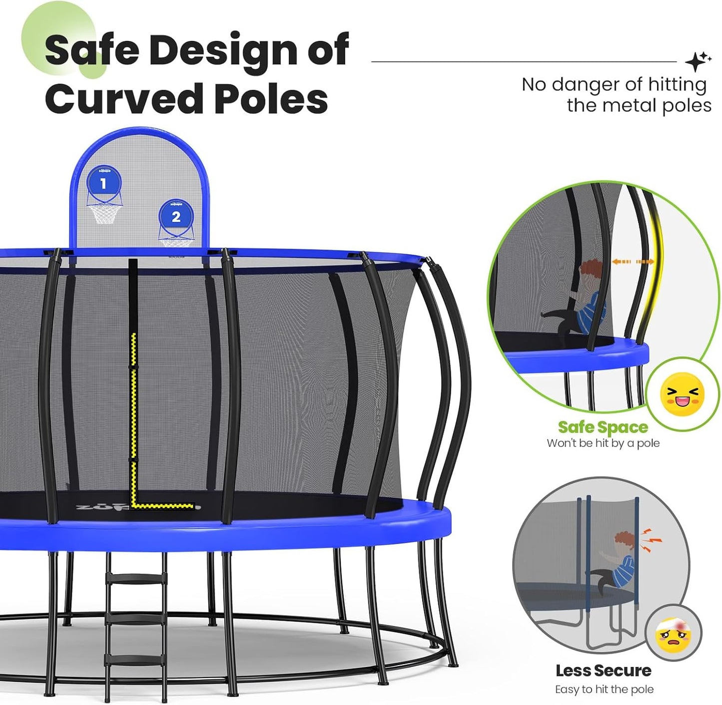 Zupapa 16FT Trampoline with Safety Enclosure Net - 1800LBS Capacity, No-Gap Design, Non-Slip Ladder for Kids & Family Outdoor Fun