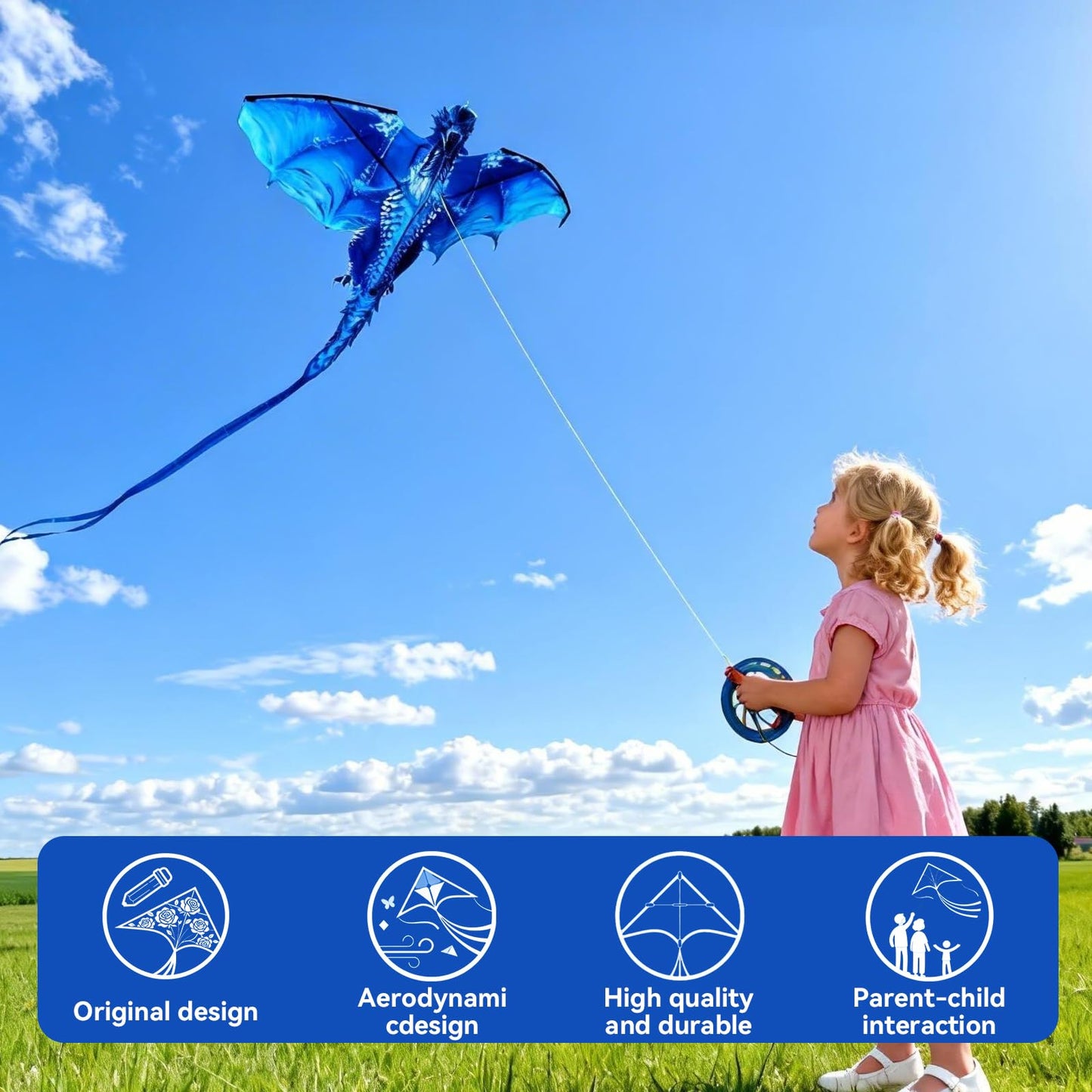 FejoHify Large Dragon Kite for Kids and Adults, Easy to Fly with 300ft String, Perfect for Beach, Park, Outdoor Activities, Gift for Boys Girls (Ice)