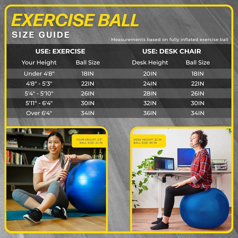 26 Inch Exercise Ball - Yoga & Fitness Stability Ball for Home, Office & Gym | Includes Quick Pump