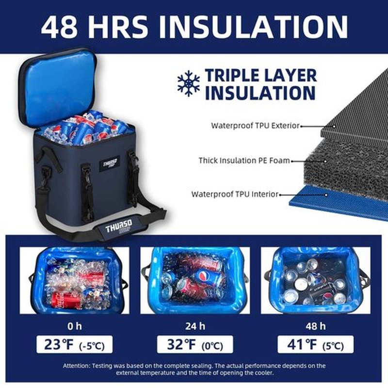 THURSO SURF Soft Cooler 24 Can Portable Ice Cooler Bag — 48 hr Insulation Leakproof & Airtight Waterproof Zipper Floating Beach Cooler for Travel Camping Kayak Paddleboard (Navy)