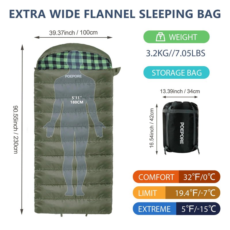 POEPORE 0 Degree Sleeping Bag 100% Cotton Flannel XXL Cold Weather Winter Oversized Sleeping Bag for Adults Camping Zero Degree Big and Tall with Compression Sack