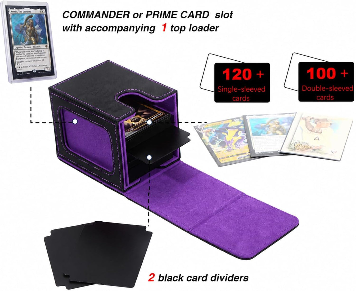 MTG Deck Box for Commander | Fits 100 Double-Sleeved Cards, Black & Purple with Dividers