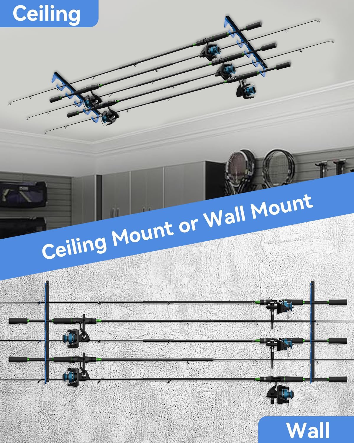 Fishing Pole Holders - 10-Rod Wall Storage Rack for Garage | Fits Most Fishing Rods