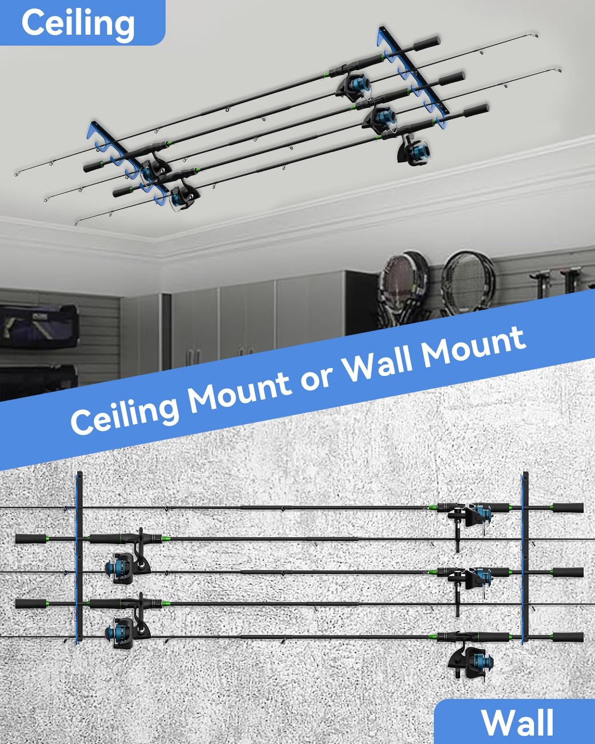 WellMall Fishing Rod Pole Holders - 5 Fishing Rod Pole Holder Storage for Wall & Garage Ceiling Mount, Great Fishing Rod Rack Fits Most Fishing Rods