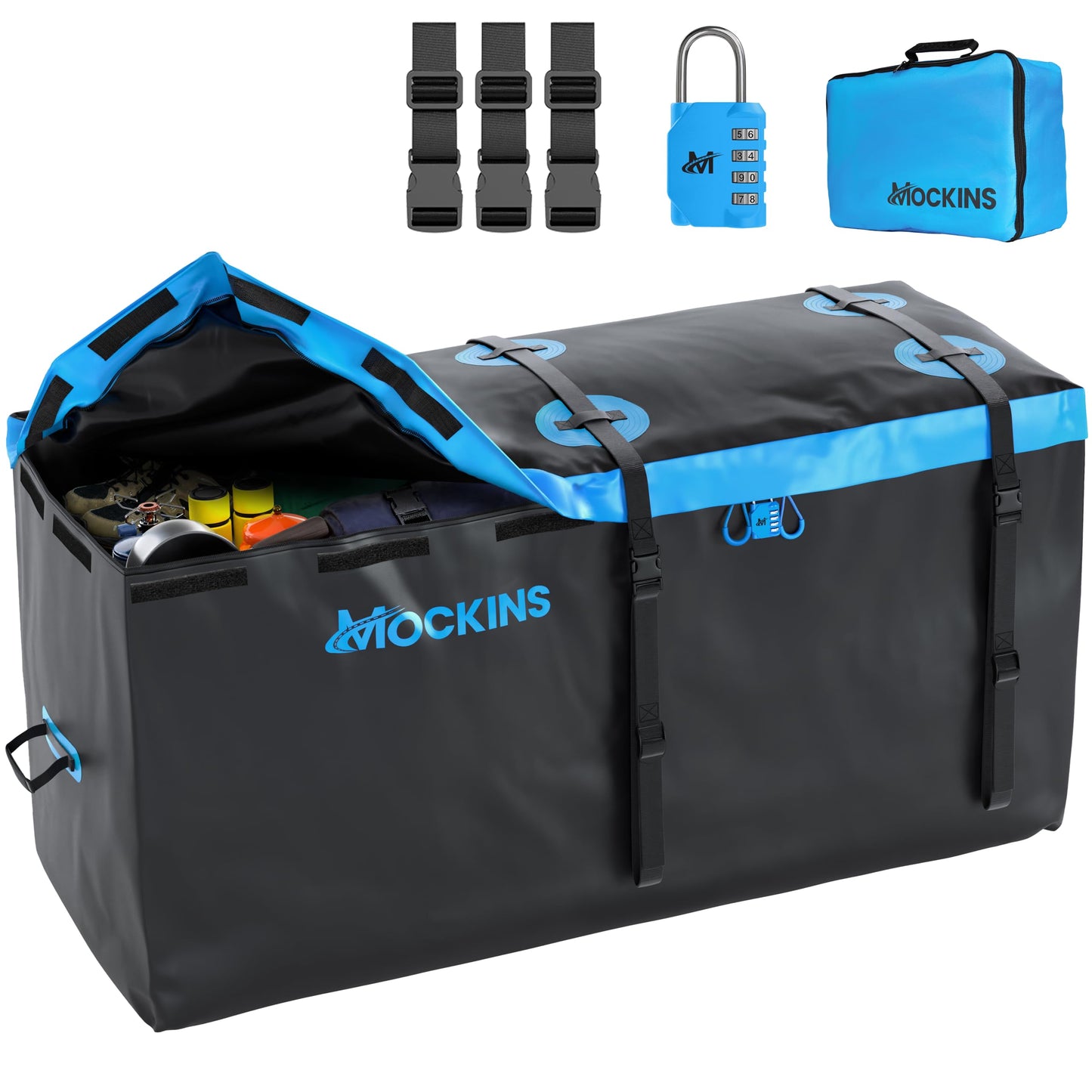 Mockins 25 Cu Ft Large Trailer Hitch Cargo Carrier Bag | 60"x24"x31" Waterproof Cargo Bag for Hitch Carrier & Truck Bed | Weatherproof Vinyl Vehicle Soft-Shell Carriers Set w/Straps, Lock & Carry Case