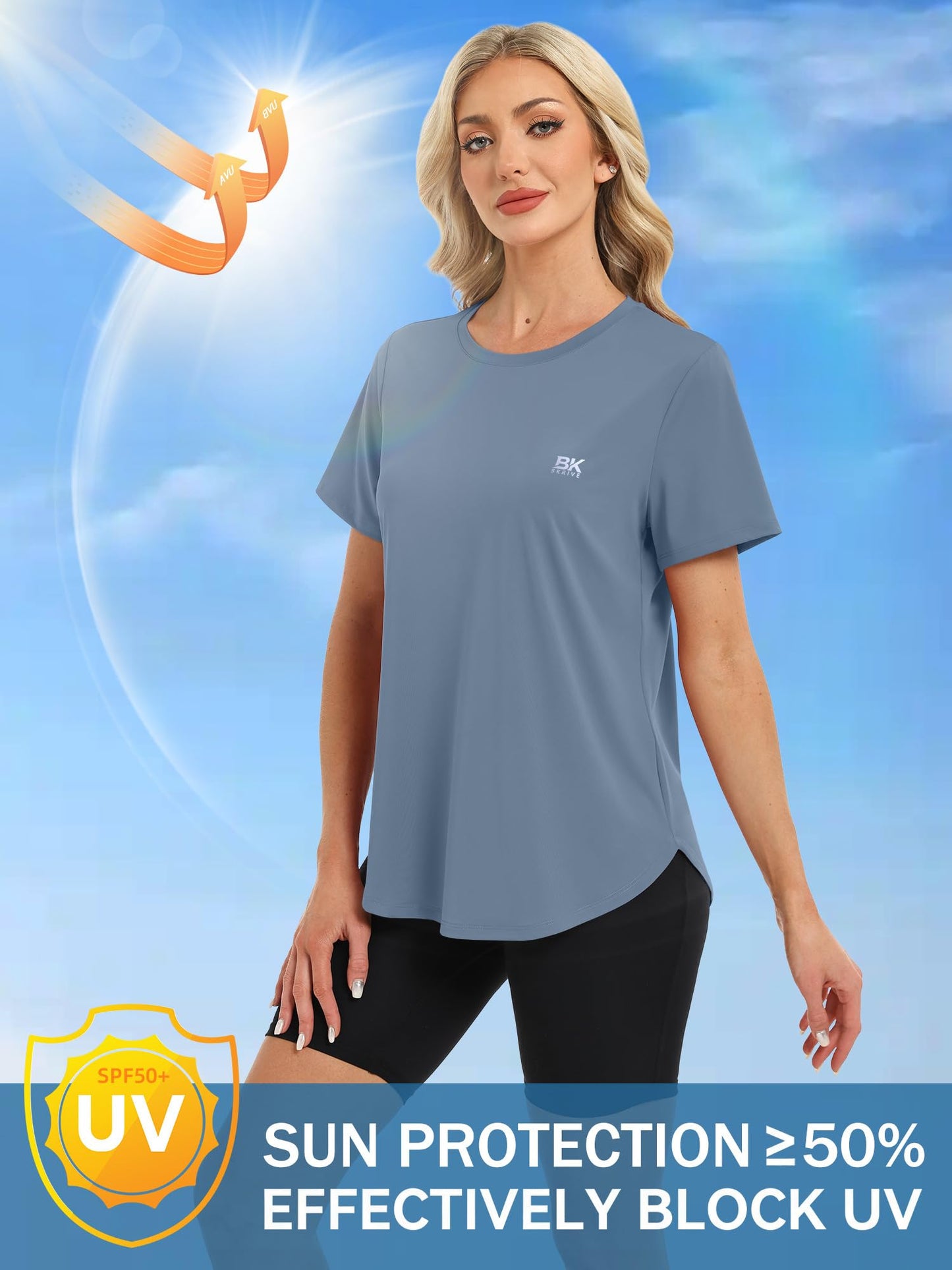 BKRIVE Workout Tops for Women Short Sleeve Sun Protection UPF 50+ Quick Dry Hiking Athletic Shirts Dustyblue L