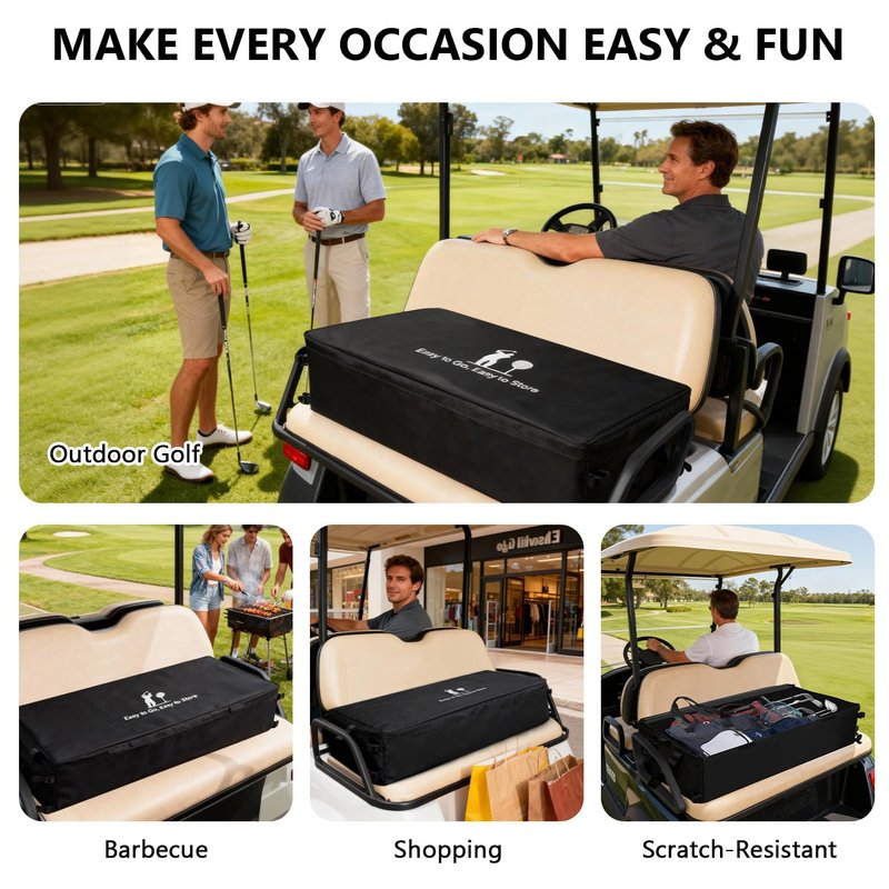Golf Cart Storage Bag, Golf Cart Accessories Compatible with Yamaha, Club Car, EZGO, Cargo Box with Strong Buckles & Adjustable Straps for 2+2 Passenger Golf Carts, No-Drill Design (Bag Only)
