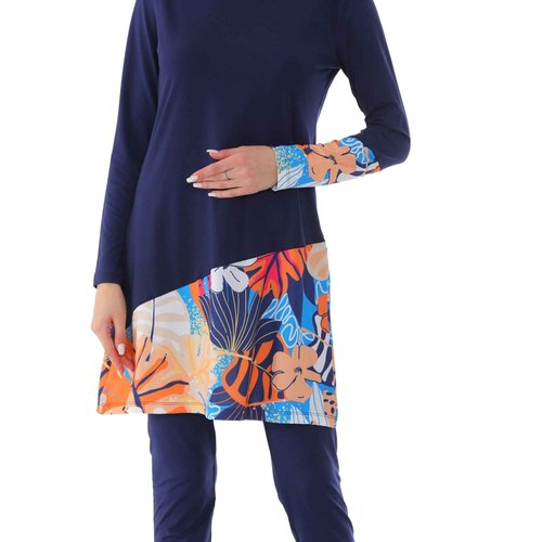 eo elif okur Islamic Long Sleeve Swimsuits for Women Modest Muslim 5 PCS | Full Cover Rash Guard Burkini | Arabic Swimwear (Navy Blue-Tropical/L)