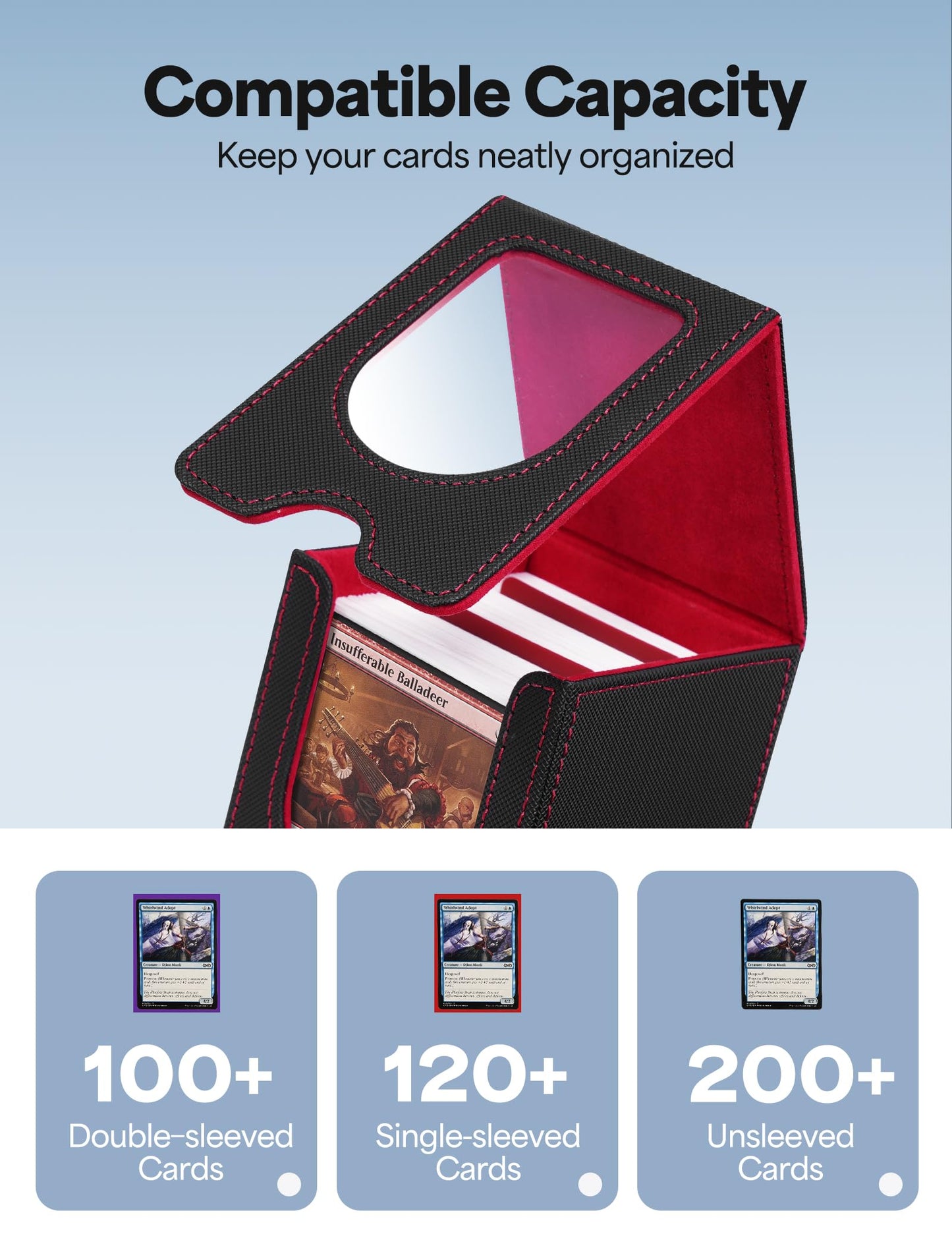 banloga Card Deck Box for MTG Commander, Card Case Holds 100+ Double-Sleeved Cards, Magic Card Box Fits for TCG/PTCG/CCG Card with 2 Dividers (Black&Red)