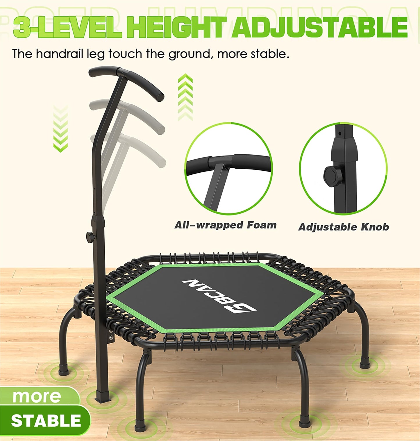 BCAN 48" Mini Trampoline, 550 LBS Fitness Trampoline with T-Adjustable Handle Bar, Bungees, Stable & Quiet Exercise Rebounder for Adults Indoor/Garden Workout-Green
