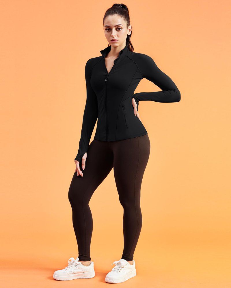 QUEENIEKE Workout Jackets for Woman Zip Up Long Sleeve Slim Fit Athletic Gym Tops Running Jacket with Thumb Holes (Black, Medium)