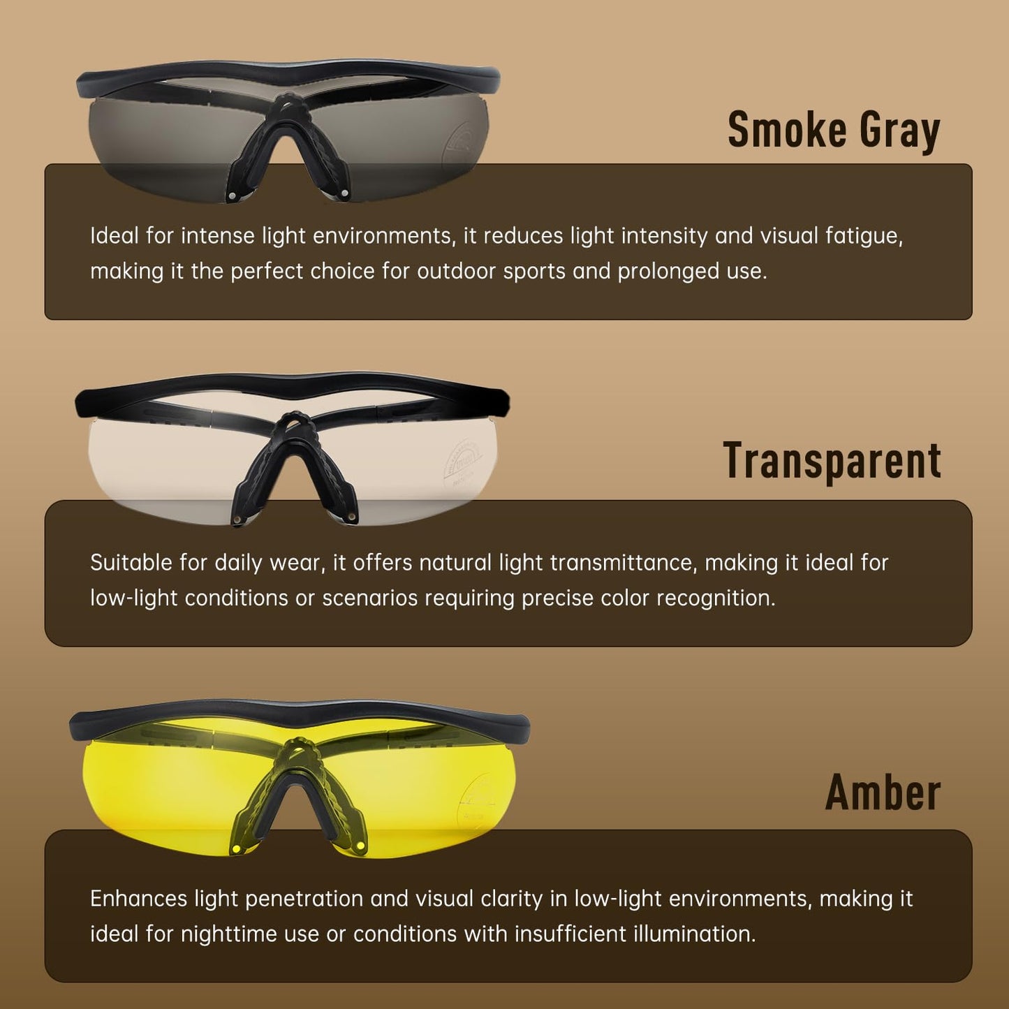 EARMOR Shooting Glasses With UV400 Protection, Anti Fog And Wind Safety Glasses for shooting, cycling, driving (3 Colors of Lens per pack)