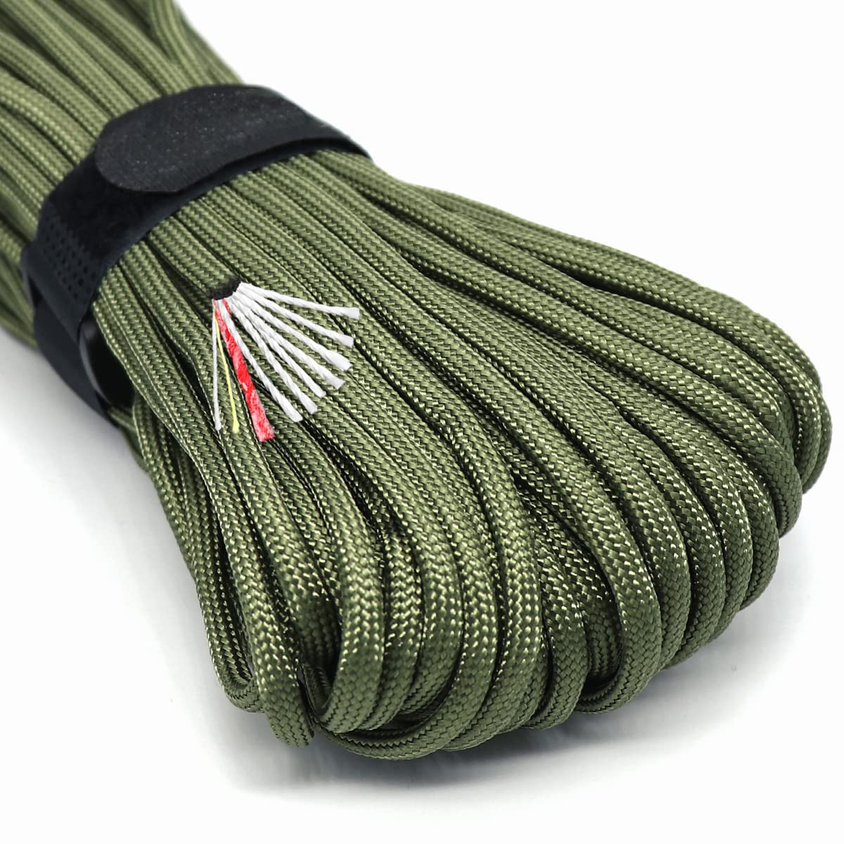 Survival Paracord Rope PSKOOK 100 Feet Fire Starter Parachute Cord 7-Strand Nylon with Red Tinder Cord PE Fishing Line Cotton Thread for Outdoor Lanyards, Bracelets, Handle Wraps (Army Green)