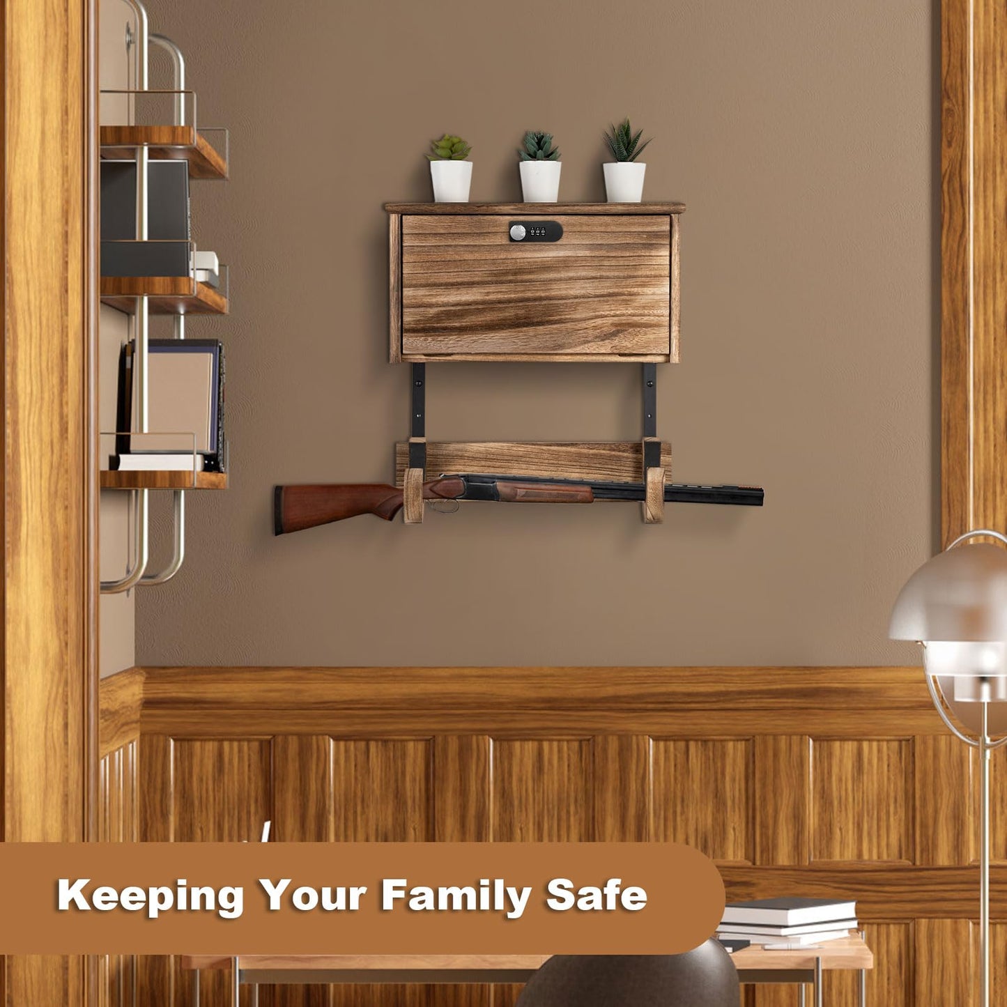 Wooden Wall Mount Gun Rack with Lock, 2-in-1 Horizontal Display for Rifle, Shotgun and Dual Pistols, Secure Firearms Storage Hanger