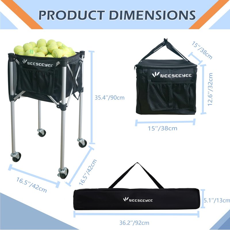 NEESEEYEE Portable Tennis Ball Hopper Tennis Ball Basket with Wheels Basket Hold Up to 160 Racquetball, Pickleball, Baseball, Badminton