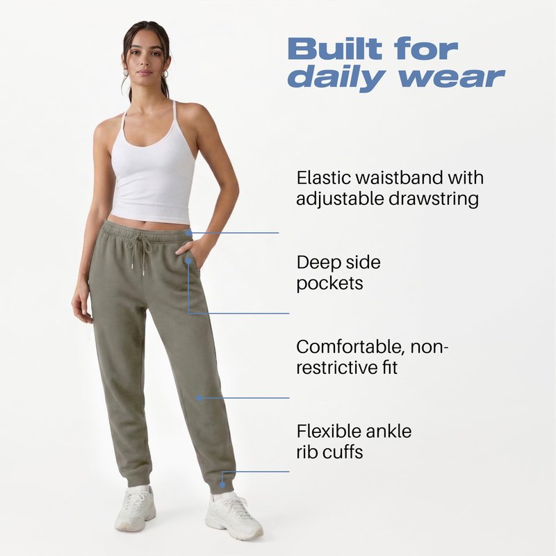 Common Stitch 3 Pack Fleece Joggers for Women — Deep Pockets, Slim Fit, Elastic Drawstring Waist