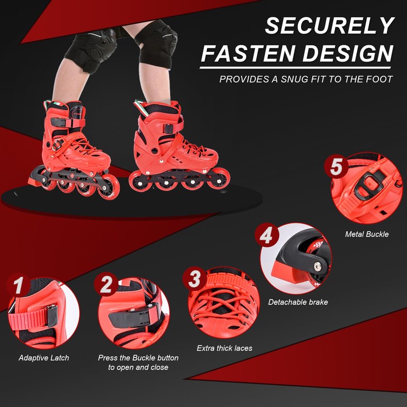FYHART Adjustable Kids Inline Skates for Girls Boys with 8 Wheels, Kids Inline Roller Skates Blades for Youth Children Beginners Big Kids for Indoor Outdoor Playing (Red & Black, Large)