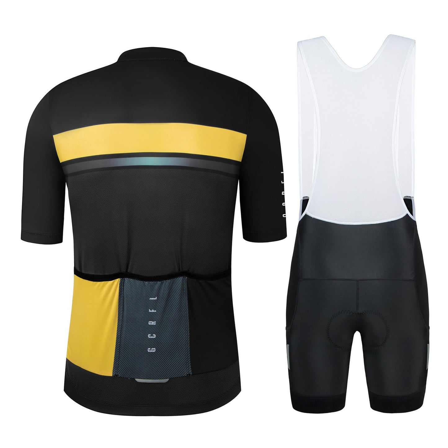 GCRFL Men's Cycling Jersey Set Cycling Kit Bicycle Jersey Rear Zipper Pocket Bike Bib Shorts With Pockets Race Fit High Density Pad (Black/Yellow, L)