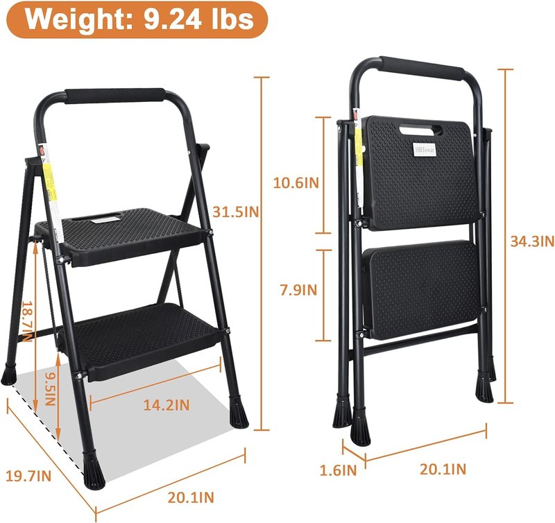 HBTower 2-Step Ladder - 500 lbs Capacity Folding Step Stool with Anti-Slip Pedals & Convenient Handgrip | Lightweight Black Design