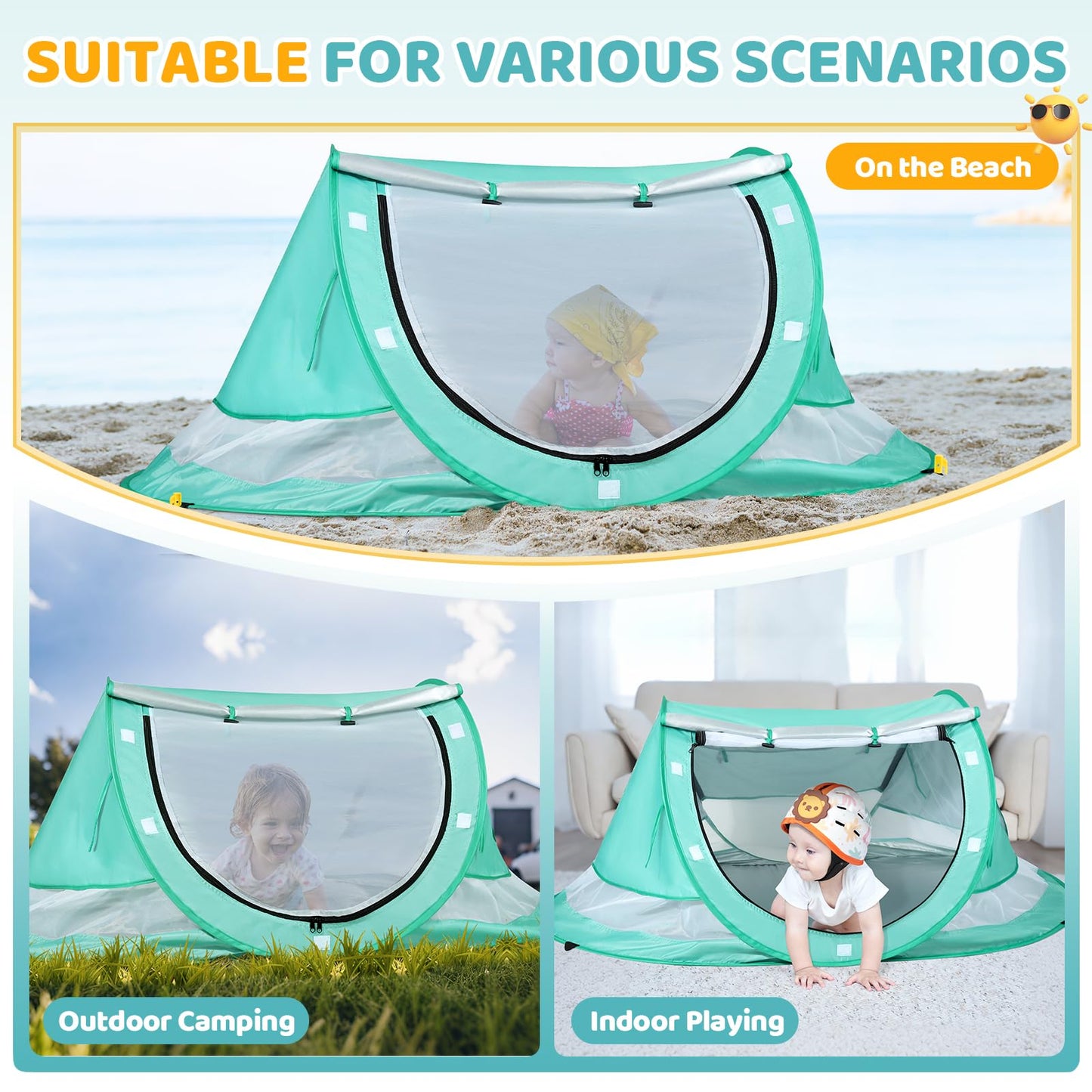 Orzbow Baby Beach Tent, Large Pop Up Beach Tent Sun Shelter with Mosquito Net, UPF 50+ UV Protection Sun Shelter, Portable with Carry Bag & 4 Stakes, Baby Summer Essentials for Boys and Girls, Green