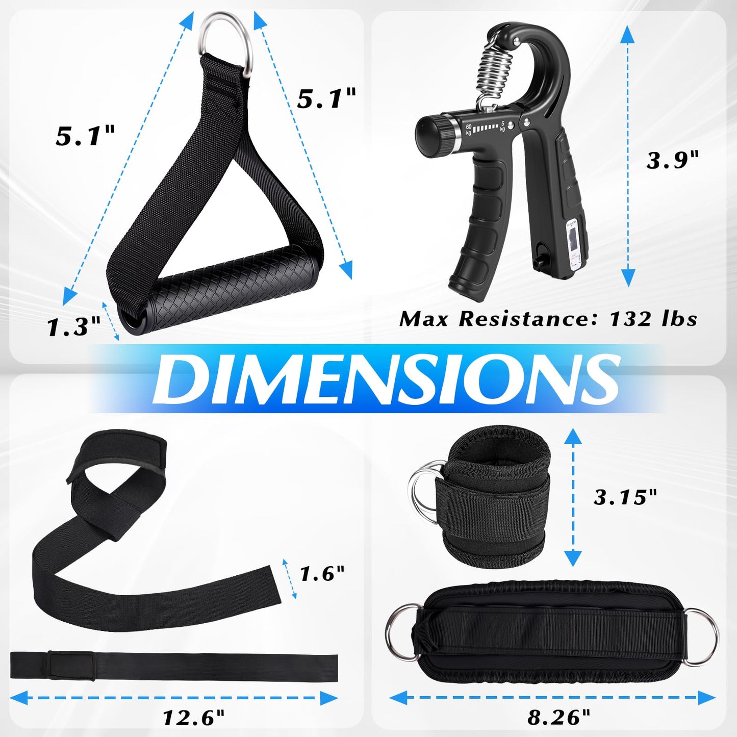 10-in-1 Cable Machine Attachments Set for Gym - Includes Tricep Rope, V-Bar, Straight Bar, D-Handle, Ankle/Wrist Straps, Storage Bag - Compatible with LAT Pulldown & Home Gym Cable Machines