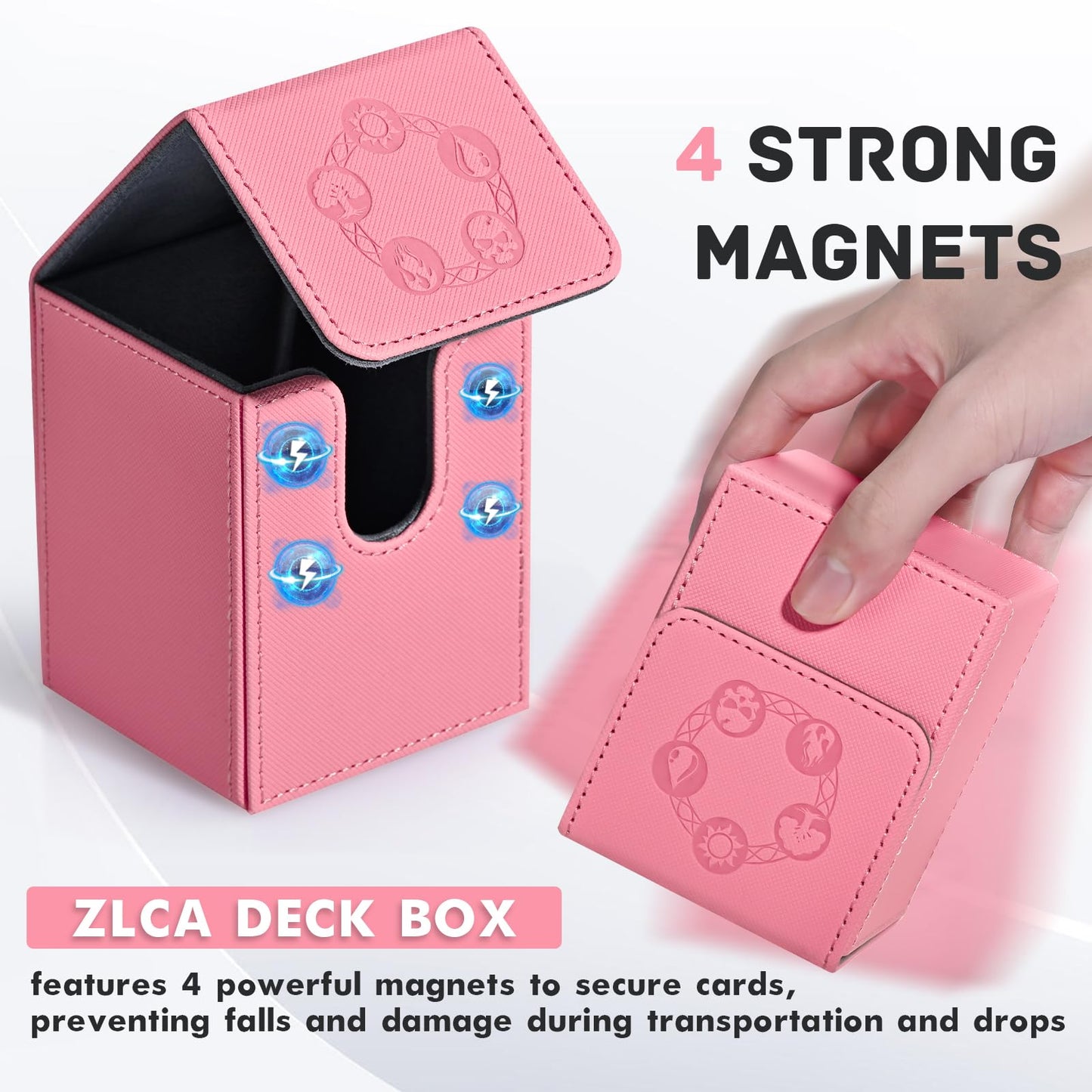 ZLCA Card Deck Box for Trading Cards with 2 Dividers, Card Storage Box Fits 100+ Single Sleeved Cards, PU Leather Strong Magnet Card Deck Case Holder for Magic Commander TCG CCG (Pink)