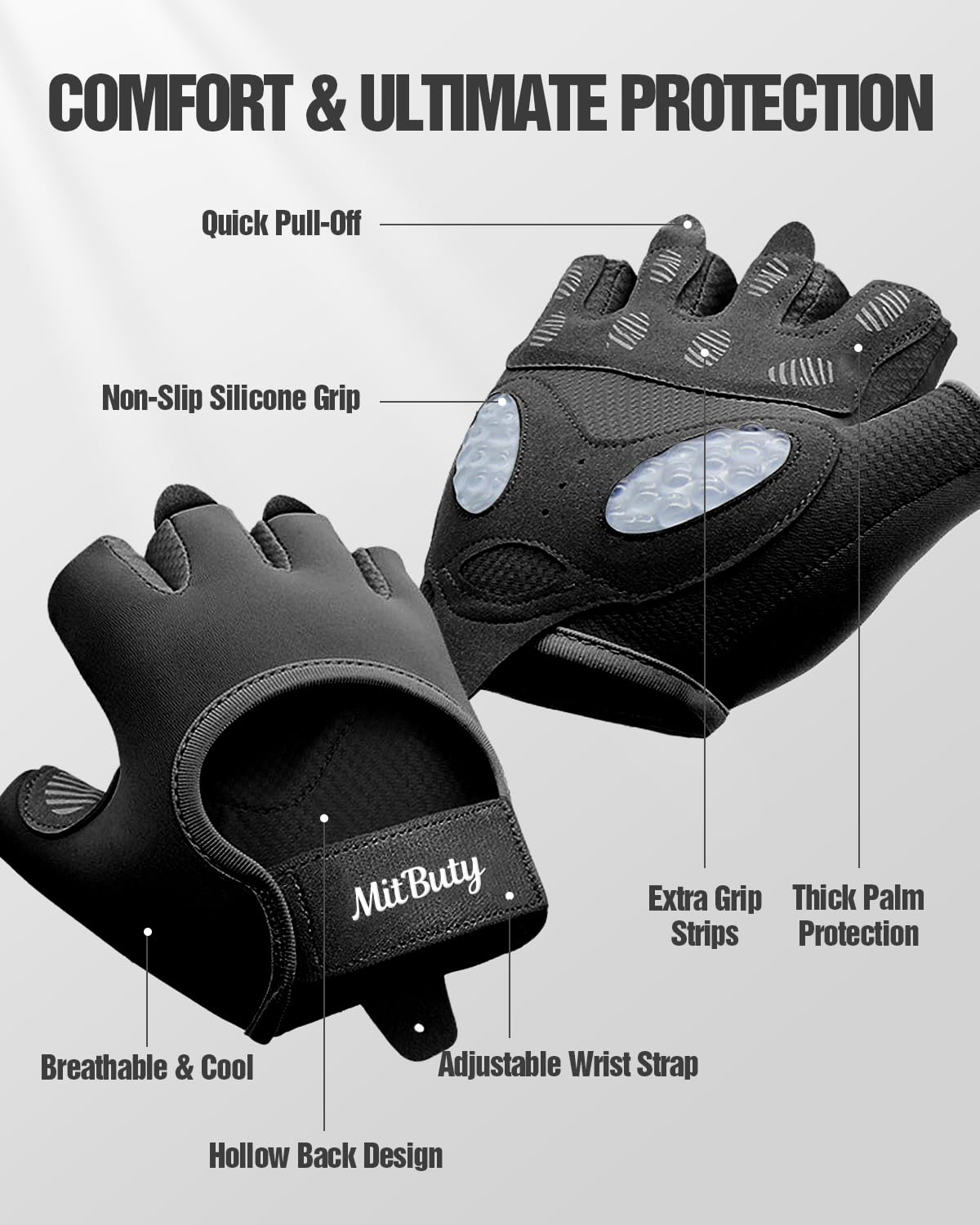 MitButy Workout Gloves for Men & Women – Fingerless Gym Gloves for Weight Lifting, Crossfit, Fitness, Exercise & Training with Silicone Grip Dots for Secure Hold & Palm Padding Protection