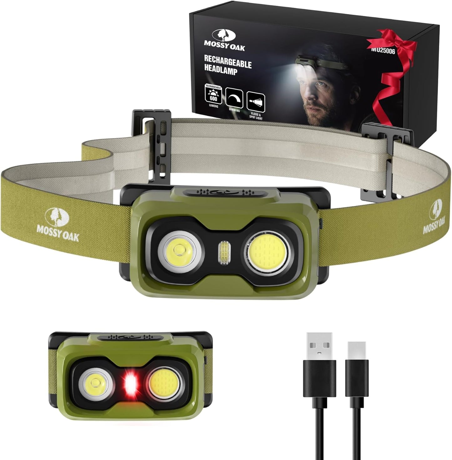 Mossy Oak Rechargeable 600 Lumens LED Headlamp - Lightweight, Waterproof, Dimmable | Ideal for Hunting & Camping