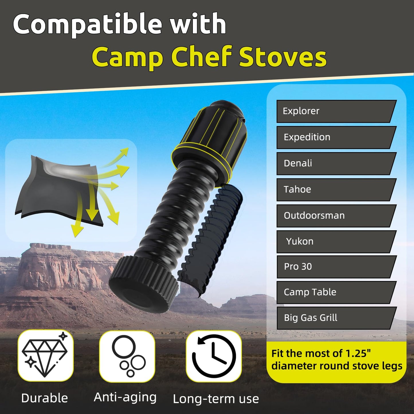 Camp Stove Leg Levelers Adjustable, Accessories for Camp Chef Explorer Stoves, Fit for Outdoor Camping Stove with 1.25" Diameter Round Legs, 4 Pcs Black