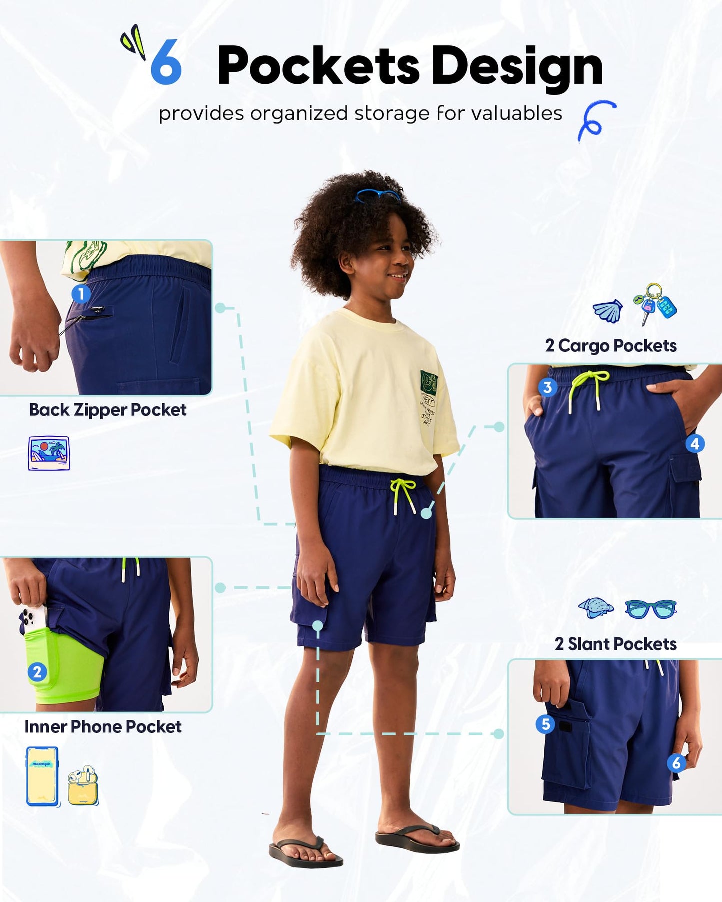 maamgic Boys Swim Trunks with Compression Liner Recycled Cargo Swim Shorts Stretch Teen Boy Bathing Suit with Pockets Dark Blue 10/12