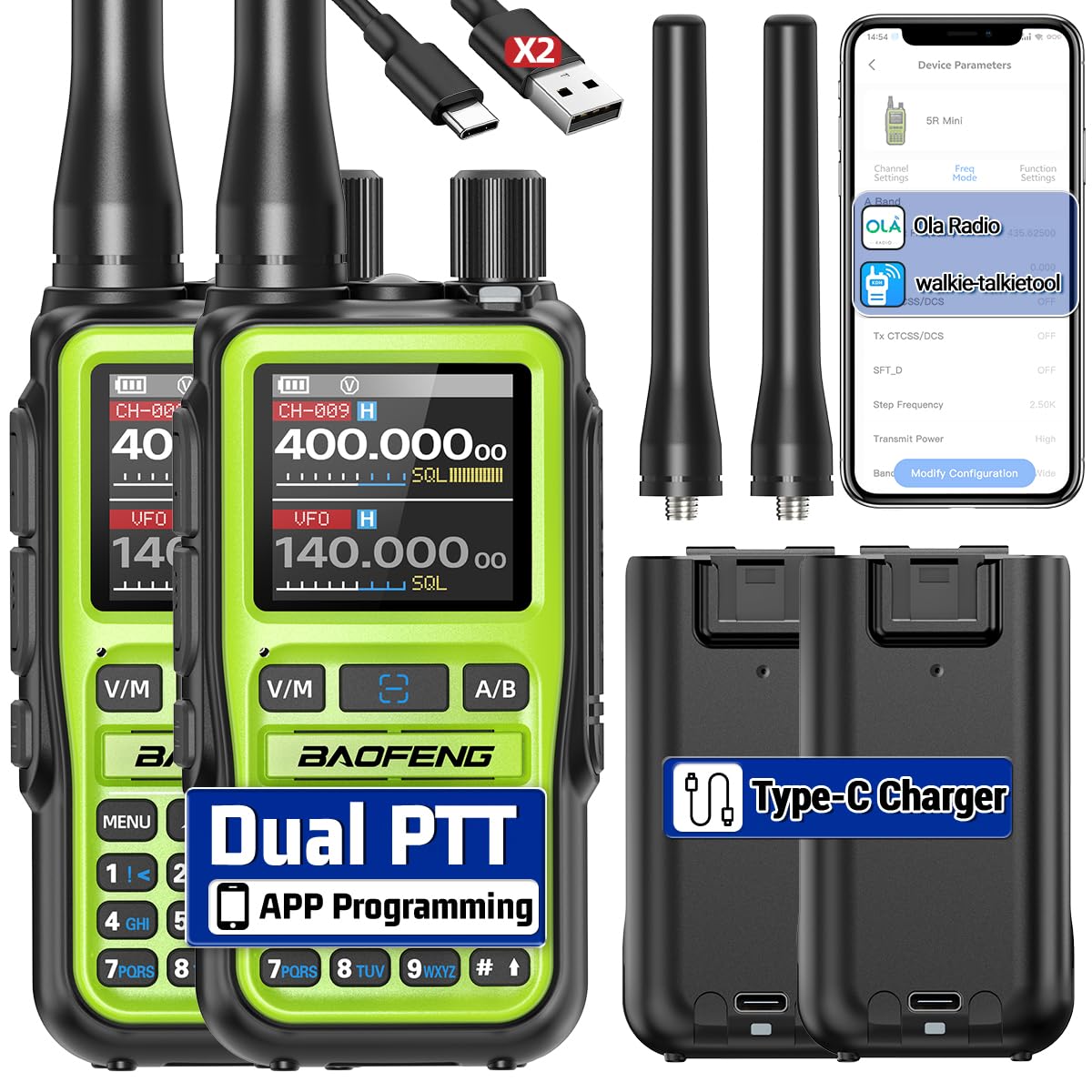 BAOFENG UV-5R MINI Ham Radio Handheld UV5R Long Range Walkie Talkies Rechargeable Emergency NOAA Weather Two Way Radios APP Programming Dual PTT Multi Band USB-C Charger for Hunting Camping,2 Pack
