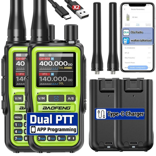 BAOFENG UV-5R MINI Ham Radio Handheld UV5R Long Range Walkie Talkies Rechargeable Emergency NOAA Weather Two Way Radios APP Programming Dual PTT Multi Band USB-C Charger for Hunting Camping,2 Pack