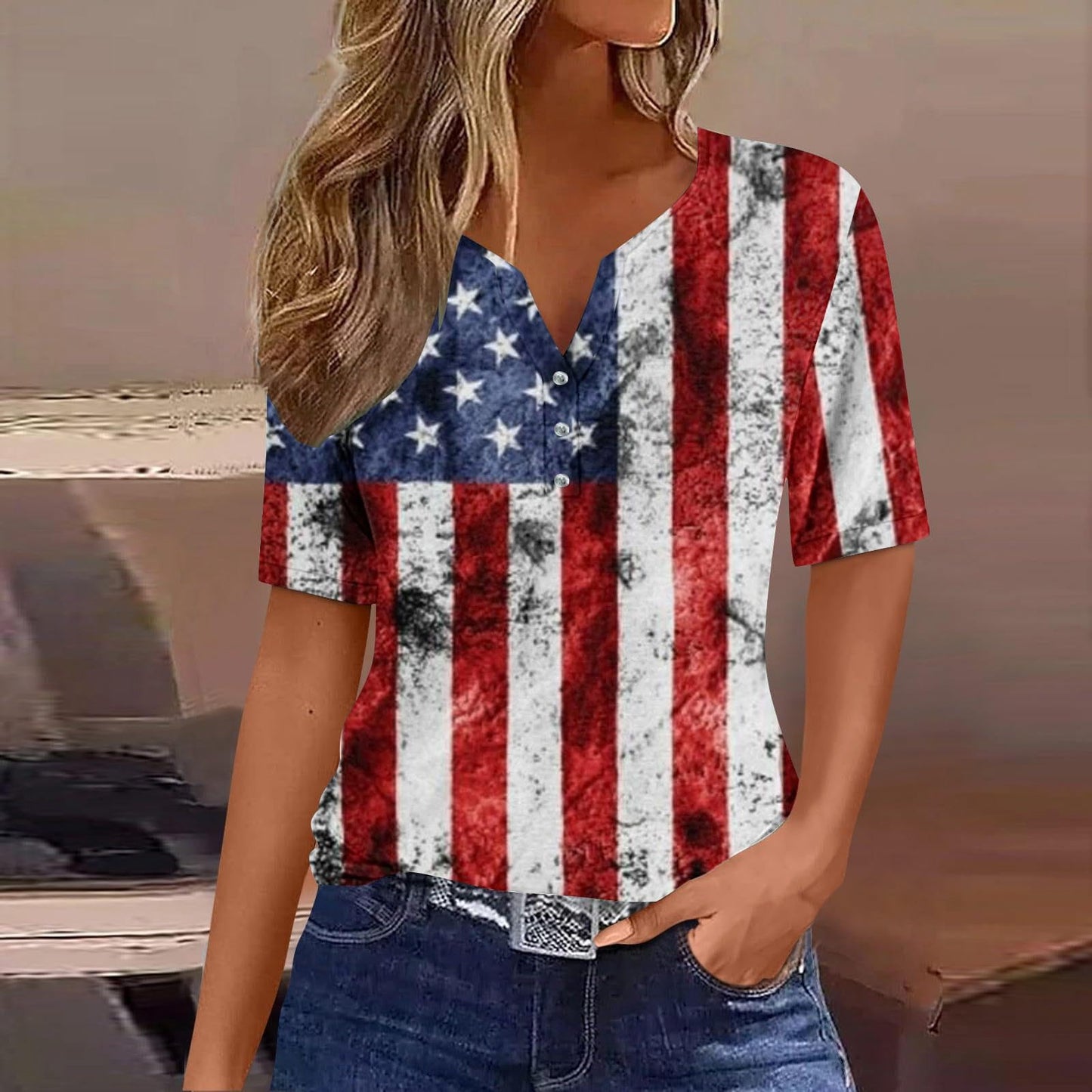 Aboser 4th of July Outfits for Women 2024 July 4th Shirts for Women American Flag Tops Summer Short Sleeve Tshirts Button V Neck Tees 2024 Patriotic Blouses 4th of July Shirt