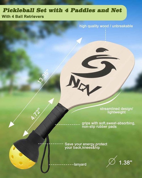 NQV Half Court Pickleball Net Set - 10FT Net+4 Wood Paddles+8 Balls+4 Ball Retrievers+1 Court Marking Kit+1 Bag, Pickleball Kit for Driveway Adults Beginners Pros