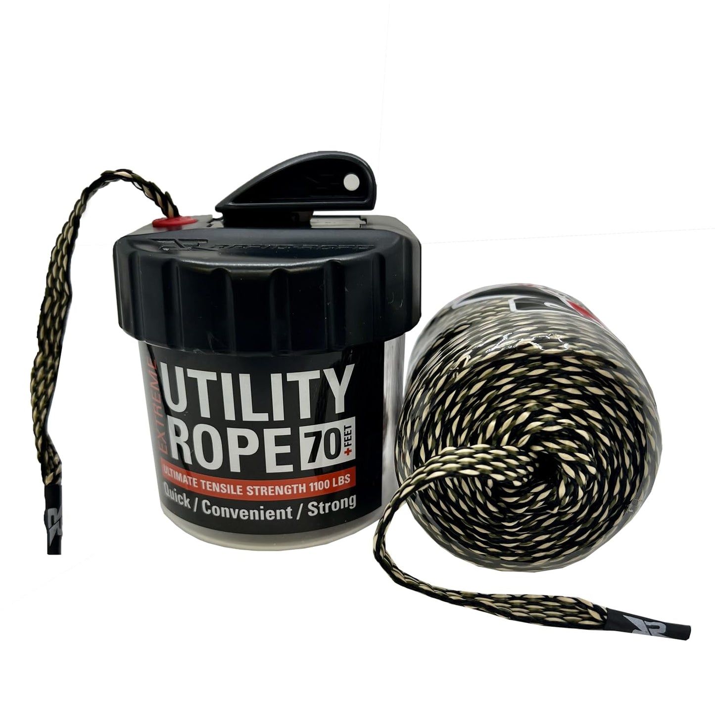 Rapid Rope Canister 70ft Camo Flat Tactical Paracord, Made in USA, 1100lb Tested Heavy Duty Poly Rope Test Cord, Non-Tangle Dispenser Included - Hiking, Camping, Survival, Utility, Climbing