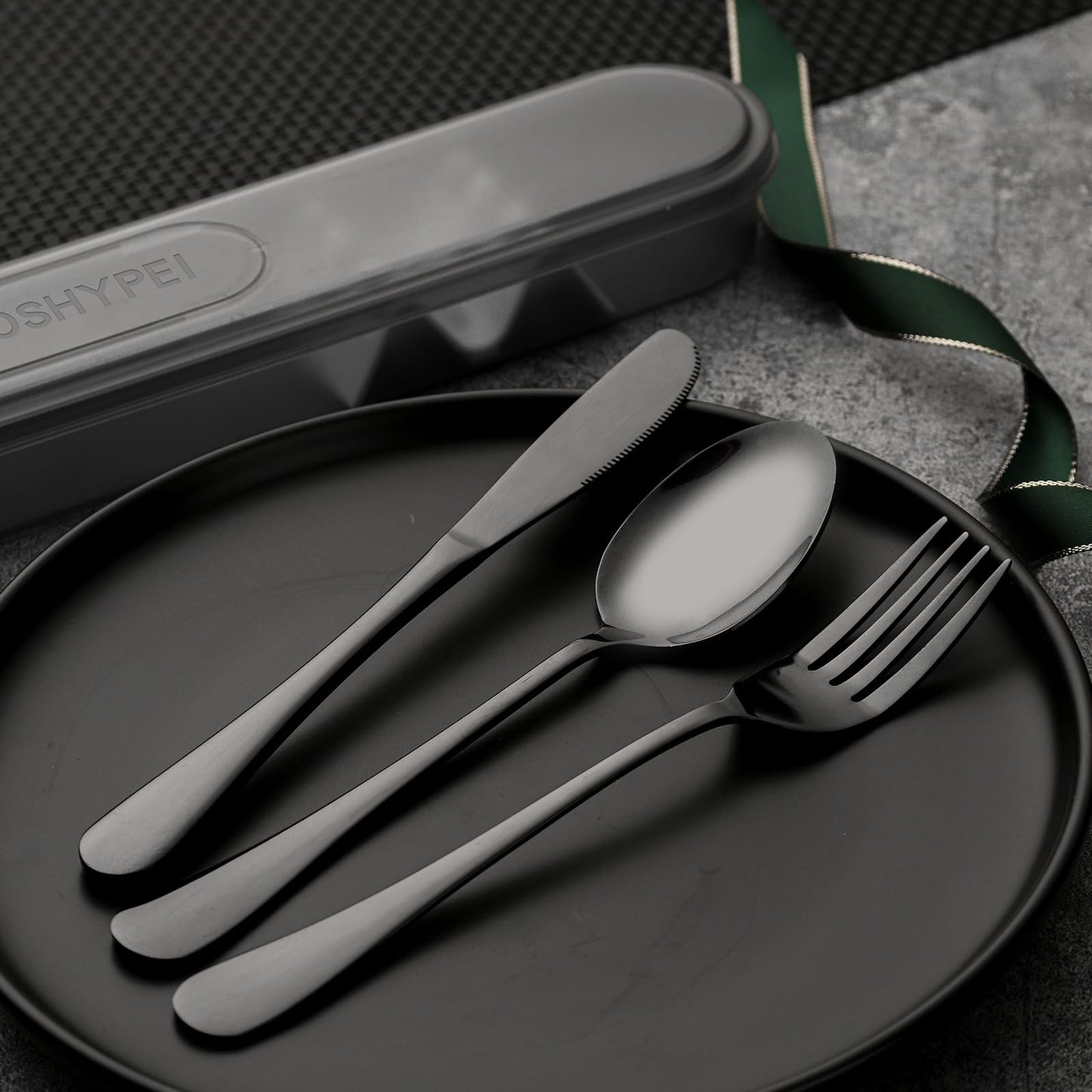 Portable Utensils Set with Case, 4pcs Stainless Steel Reusable Silverware for Lunch Camping School Picnic Workplace Travel, Lunch Box Includ Fork Spoon Knife,Easy to clean,Dishwasher Safe (grey)