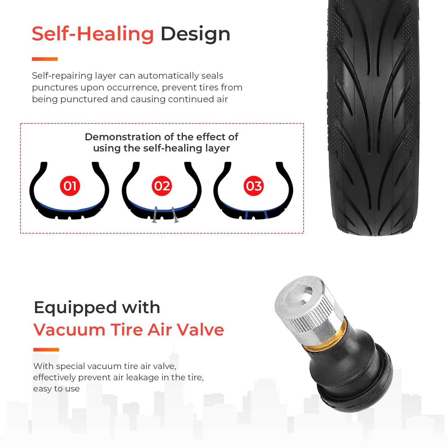 1PCS 60/65-6.9 Tubeless Tire with Valve with Built-in Live Glue Repairable for Max G2 Scooters 10 inch Self Repairing Non-Slip Tire