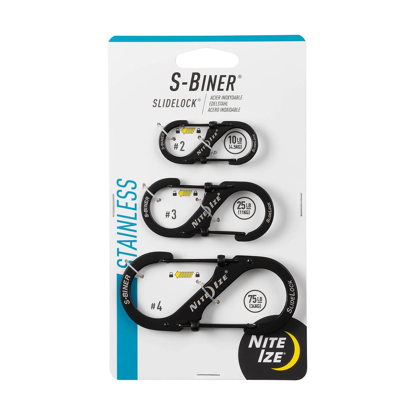 Nite Ize S-Biner SlideLock Stainless Steel Dual Locking Carabiner - S-Biner Key Holder with Locking Gate - Carabiner Organizer for Keys & Camping Accessories - Assorted Sizes, Black (3 Pack)