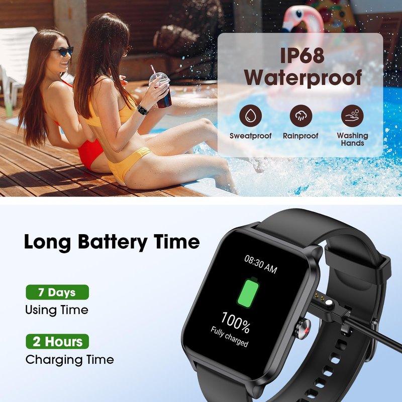 Smart Watch(Answer/Make Call), 1.69" Fitness Tracker with Heart Rate Blood Oxygen Monitor, Sleep Monitor Health Tracker, 100+ Sports Modes, Step Counter, IP68 Waterproof Fitness Watch for Android iOS