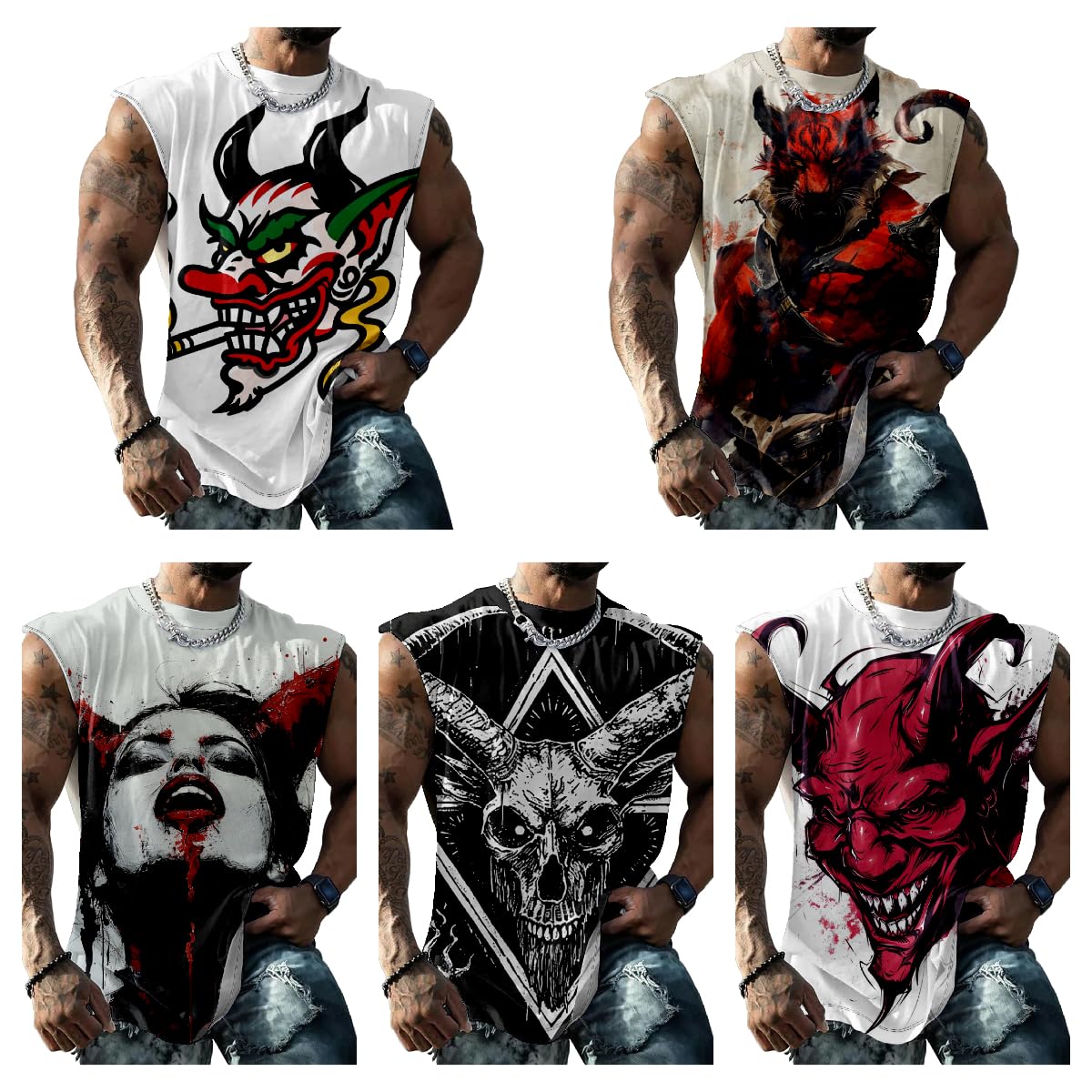 Biacolum Sleeveless T Shirts for Men Muscle Tank Top Summer Trendy Devil Graphics Bodybuilder Workout Big and Tall Muscle Shirts for Men Comfortable Tank Tops Suitability Gym Athletic,White Devil,L